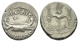 Marcus Antonius. Denarius mint moving with M. Antony 32-31,, AR 17.5mm., 3.77g. ANT AVG – III·VIR·R·P·C Galley r., with sceptre tied with fillet on pr...