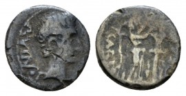 Octavian as Augustus, 27 BC – 14 AD Quinarius Emerita circa 25-23, AR 13mm., 1.69g. Bare head r. Rev. Victory standing r. crowning trophy; at her feet...