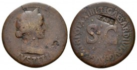 In the name of Livia, wife of Augustus Dupondius circa 22-23, Æ 29.5mm., 12.17g. IVSTITIA Diademed and draped bust of Livia as Iustitia r. Rev. TI CAE...