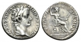 Tiberius, 14-37 Denarius Lugdunum circa 14-37, AR 18mm., 3.43g. Laureate head r. Rev. Pax-Livia figure seated r. on chair with ornamented legs, holdin...