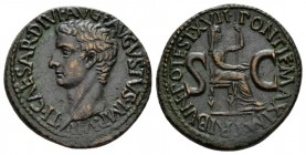 Tiberius, 14-37 As circa 15-16, Æ 30mm., 10.93g. TI CAESAR DIVI AVG F AVGVST IMP VII Bare head l. Rev. PONTIF MAXIM TRIBVN POTEST XVII Livia as Pax se...