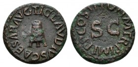 Claudius, 41-54 Qudrans circa 42, Æ 17mm., 3.21g. TI CLAVDIVS CAESAR AVG around modius on three legs. Rev. PONT M TR P IMP COS II around SC. RIC 90.
...