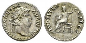 Nero, 54-68 Denarius circa 64-65, AR 18.5mm., 3.35g. NERO CAESAR AVGVSTVS Laureated head r. Rev. IVPITER CVSTOS Jupiter seated l., bare to the waist, ...
