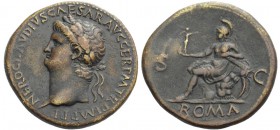 Nero, 54-68 Sestertius circa 65, Æ 35mm., 26.74g. NERO CLAVD CAESAR AVG GER P M TR P IMP P P Head l., wearing oak wreath. Rev. Roma seated l. on cuira...