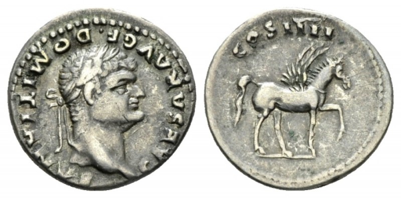 Domitian Caesar, 69-81 Denarius circa 76-77, AR 19mm., 3.45g. Laureate head r. R...