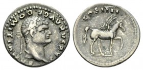 Domitian Caesar, 69-81 Denarius circa 76-77, AR 19mm., 3.45g. Laureate head r. Rev. Pegasus standing r., left foreleg raised. RIC Vespasian 921. C 47....