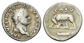 Domitian Caesar, 69-81 Denarius circa 77-78, AR 18.5mm., 2.84g. Laureate head r. Rev. She-wolf standing l., suckling the twins Romulus and Remus; in e...