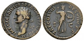 Domitian, 81-96 As circa 82, Æ 27mm., 9.93g. IMP CAES DIVI VESP F DOMITIAN AVG P M Laureate head l. Rev. TR P COS VIII DES VIIII P P Minerva advancing...