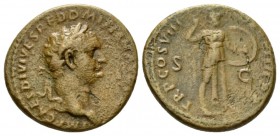 Domitian, 81-96 As circa 82, Æ 27.5mm., 10.80g. IMP CAES DIVI VESP F DOMITIAN AVG P M Laureate head r. Rev. TR P COS VIII - DES VIIII P P Minerva adva...