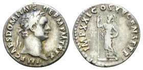 Domitian, 81-96 Denarius circa 90-91, AR 18.5mm., 3.08g. IMP CAES DOMIT AVG GERM P M TR P X Laureate head r. Rev. IMP XXI COS XV CENS P P P Minerva st...