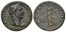 Trajan, 98-117 As circa 99-100, Æ 29mm., 13.34g. IMP CAES NERVA TRAIAN AVG GERM P M Laureate head r. Rev. TR POT - COS III P P Victory advancing l., h...