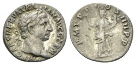Trajan, 98-117 Denarius circa 101-102, AR 18.5mm., 3.19g. IMP CAES NERVA TRAIAN AVG GERM Laureate head r. Rev. P M TR P COS IIII P P Felicitas standin...