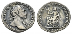 Trajan, 98-117 Denarius circa 111, AR 19mm., 3.17g. IMP TRAIANO AVG GER DAC P M TR P Laureate r., with drapery on left shoulder. Rev. COS V P P S P Q ...