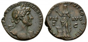 Hadrian, 117-138 As circa 119-122, Æ 25mm., 7.80g. IMP CAESAR TRAIAN HADRIANVS AVG Laureate bust r., drapery on l. shoulder. Rev. PONT MAX TR POT COS ...