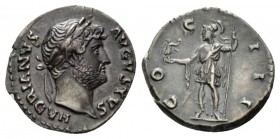 Hadrian, 117-138 Denarius circa 125-128, AR 19mm., 3.13g. HADRIANVS - AVGVSTVS Laureate bust r. Rev. COS - III Roma standing l., holding Victory and s...