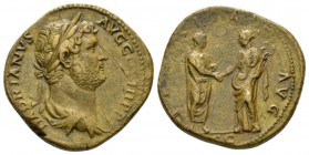 Hadrian, 117-138 Sestertius 134-138, Æ 33mm., 24.21g. HADRIANVS AVG COS III PP Laureate and draped bust r. Rev. FELICITAS AVG Hadrian , togate, standi...