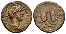 Antoninus Pius, 138-161 As circa 143-144, Æ 27mm., 14.51g. Laureate, draped and cuirassed bust r. Rev. Two ancilia oval shield with scalloped projecti...