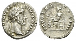 Antoninus Pius, 138-161 Denarius circa 156-157, AR 17.5mm., 4.49g. Laureate head r. Rev. Salus seated l., feeding from patera a serpent coiled around ...