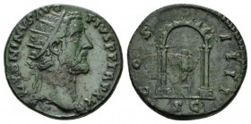 Antoninus Pius, 138-161 Dupondius circa 158-159, Æ 25mm., 10.09g. Radiate head r. Rev. COS IIII Figure standing on column in shrine. RIC 1014. C 334....