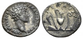 Marcus Aurelius Caesar, 139-161 Denarius circa 140-144, AR 18mm., 3.06g. Bare head r. Rev. Emblems of the augurate and pontificate: secespita, aspergi...