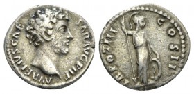 Marcus Aurelius, 161-180 Denarius circa 148-149, AR 18.5mm., 3.29g. Bare head r. Rev. Minerva standing r., holding spear and shield set on ground. RIC...