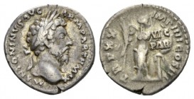 Marcus Aurelius, 161-180 Denarius circa 166, AR 18.5mm., 3.17g. Laureate head r. Rev. Victory standing r.; holding palm and round shield inscribed VIC...