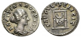 Faustina junior, daughter of Antoninus Pius and wife of Marcus Aurelius Denarius circa 175, AR 19mm., 2.76g. FAVSTINA AVGVSTA Draped bust r. Rev. SAEC...
