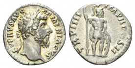 Lucius Verus, 161-169 Denarius circa 163-164, AR 17mm., 3.38g. Laureate head r. Rev. Mars standing r., holding inverted spear and shield. RIC M. Aurel...