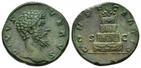Lucius Verus, 161-169 Sestertius After 169, Æ 31.5mm., 25.46g. DIVVS - VERVS Bare head r. Rev. CONSE - CRATIO Funeral pyre adorned with statues and dr...