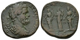 Septimius Severus, 193-211 Sestertius circa 194, Æ 27mm., 20.95g. Laureate and cuirassed bust r. Rev. The three Monetae standing facing, heads left, e...