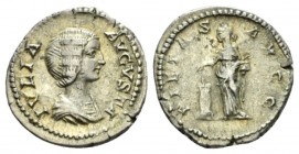 Julia Domna, wife of Septimius Severus Denarius circa 196-211, AR 19.5mm., 3.14g. IVLIA AVGVSTA Draped bust r. Rev. PIETAS AVGG Pietas standing l., ve...