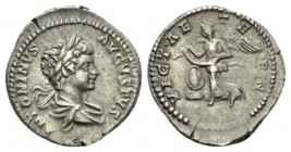 Caracalla, 198-217 Denarius circa 199-200, AR 19mm., 3.64g. Laureate and draped bust r. Rev. VICT AETERN Victory advancing l., holding open wreath ove...