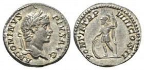 Caracalla, 198-217 Denarius circa 206, AR 19mm., 3.29g. ANTONINVS - PIVS AVG Laureate head r. Rev. PONTIF TR P - VIIII COS II Mars standing l., restin...