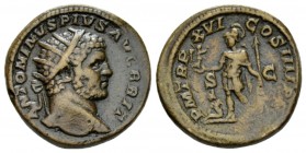 Caracalla, 198-217 Dupondius 213, Æ 26mm., 14.35g. ANTONINVS PIVS AVG BRIT Radiate head r. P M TR P XVI COS IIII P P Mars standing l., holding Victory...