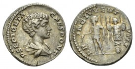 Geta Caesar, 198-209 Denarius circa 200-202, AR 18.5mm., 3.41g. Bareheaded and draped bust r. Rev. Geta standing l., holding branch and spear; trophy ...