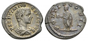 Geta Caesar, Denarius circa 209, AR 20.5mm., 3.57g. Bareheaded and draped bust r. Rev. Geta standing l., holding globe and scepter. RIC 61b. C 117.
...