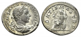 Elagabalus, 218-222 Denarius circa 218, AR 19.5mm., 2.92g. IMP CAES M AVR ANTONINVS AVG Laureate, draped and cuirassed bust r. Rev. PONTIF MAX TR P Ro...