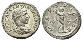 Elagabalus, 218-222 Denarius circa 218-222, AR 19mm., 3.63g. IMP CAES ANTONINVS AVG Laureate and draped bust r. Rev. MARS VICTOR Mars advancing r. wit...