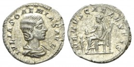 Julia Soemias, mother of Elagabalus Denarius circa 216-218, AR 19mm., 2.59g. IVLIA SOEMIAS AVG Draped bust r. Rev. VENVS CAELESTIS Venus seated l., ho...