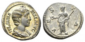 Julia Mamaea, mother of Severus Alexander Denarius After 222, AR 19.5mm., 3.18g. IVLIA MAMAEA AVG Diademed and draped bust r. Rev. VESTA Vesta standin...