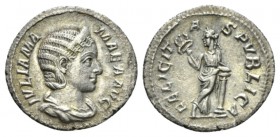 Julia Mamaea, mother of Severus Alexander Denarius After 222, AR 20mm., 2.06g. IVLIA MAMAEA AVG Draped bust r. Rev. FELICITAS PVBLICA Felicitas standi...