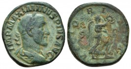 Maximinus I, 235-238 Sestertius 235-236, Æ 29mm., 21.14g. IMP MAXIMINVS PIVS AVG Laureate, draped and cuirasseds bust r. Rev. VICTORIA AVG Victory adv...