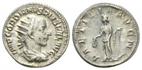 Gordian III, 238-244 Antoninianus circa 241-243, AR 22.5mm., 3.98g. IMP GORDIANVS PIVS FEL AVG Radiate, draped and cuirassed bust r. Rev. LAETITIA AVG...