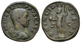 Philip II, 247-249 Sestertius circa 244-246, Æ 27.5mm., 20.05g. M IVL PHILIPPVS CAES Bare-headed, draped bust r. Rev. PRINCIPI IVVENT Philip II standi...