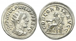 Philip II, 247-249 Antoninianus circa 246-247, AR 21.5mm., 4.55g. Radiate draped and cuirassed bust r. Rev. CONCRDIA AVGG Concordia seated l., holding...