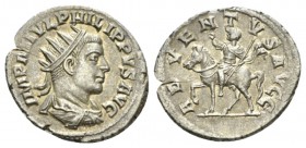 Philip II, 247-249 Antoninianus Antioch circa 247-249, AR 22mm., 4.01g. IMP M IVL PHILIPPVS AVG Radiate, draped, and cuirassed bust r. Rev. ADVENTVS A...