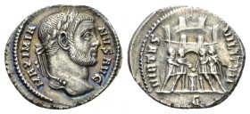 Maximianus Herculius, first reign 286-305 Argenteus circa 295-297, AR 19.5mm., 2.97g. MAXIMIANVS AVG Laureate head r. Rev. VIRTVS MILITVM Six-turreted...
