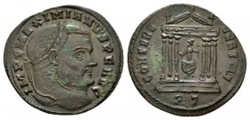 Galerius Maximianus, 305-311 Follis Ticinum circa 307-308, Æ 26.5mm., 6.25g. Laureate head r. Rev. Roma seated facing, head l., holding globe and scep...