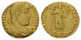 Valentinian I, 364-375 Solidus circa 364-367, AV 19mm., 3.91g. D N VALENTINI - ANVS P F AVG Pearl-diademed, draped and cuirassed bust r. Rev. RESTITVT...