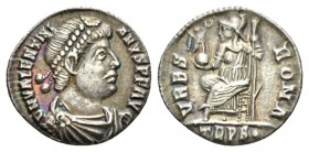 Valentinian I, 364-375 Siliqua circa 364-375, AR 17.5mm., 2.01g. Diademed, draped, and cuirassed bust r. Rev. Roma seated l., holding scepter and crow...